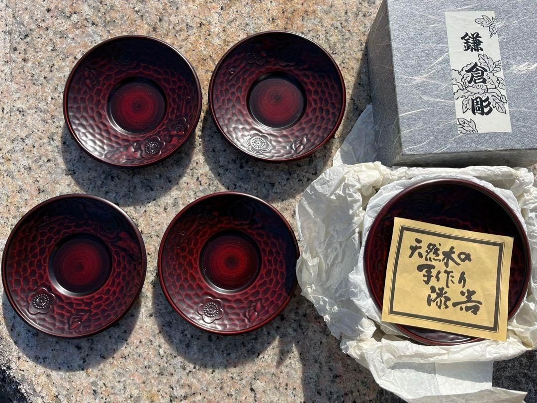 鎌倉彫 本漆塗茶托 5枚セット 4寸裏印 共箱あり 伝統工芸品 鎌倉彫 本